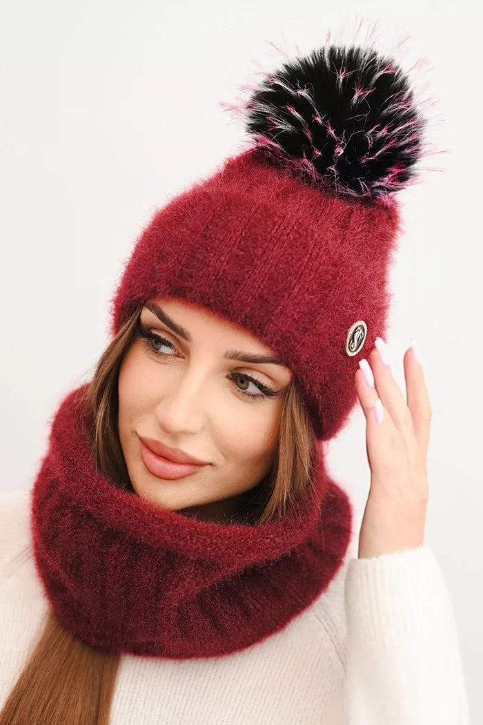 Women's burgundy hat and scarf Nora