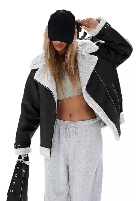 Women's black biker jacket with a goatskin Loren