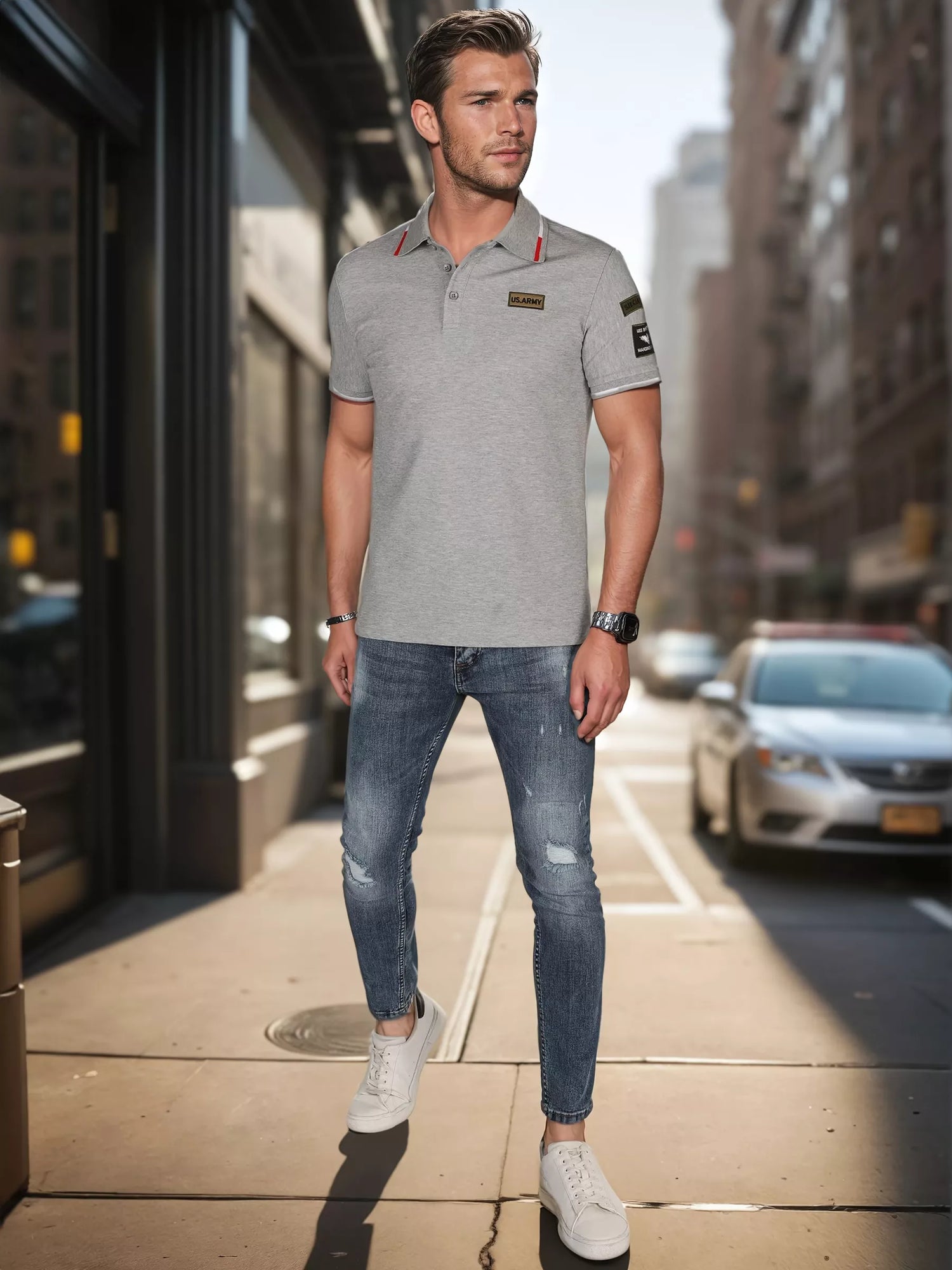 Men's polo shirt with patches, gray US Army