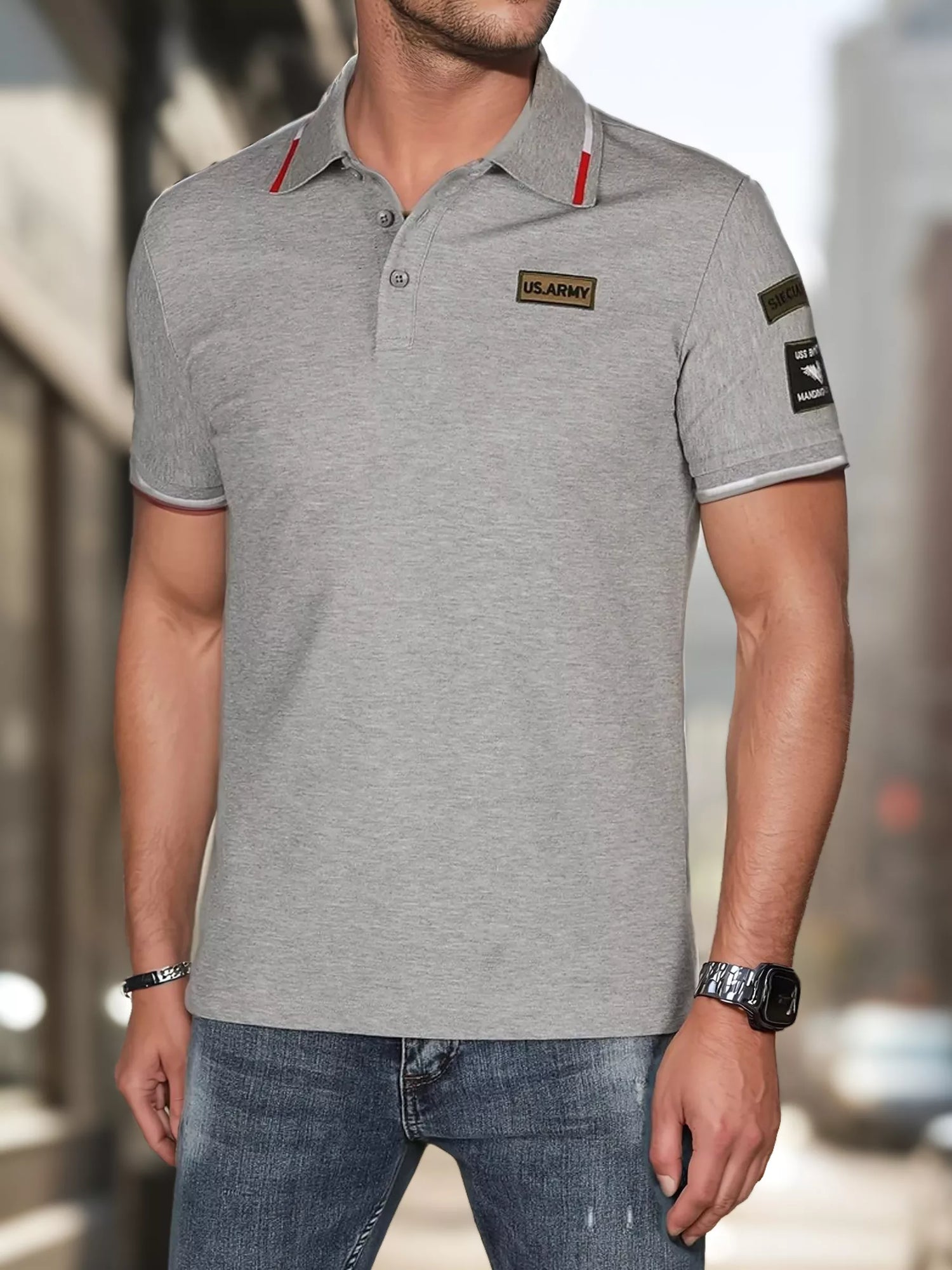 Men's polo shirt with patches, gray US Army
