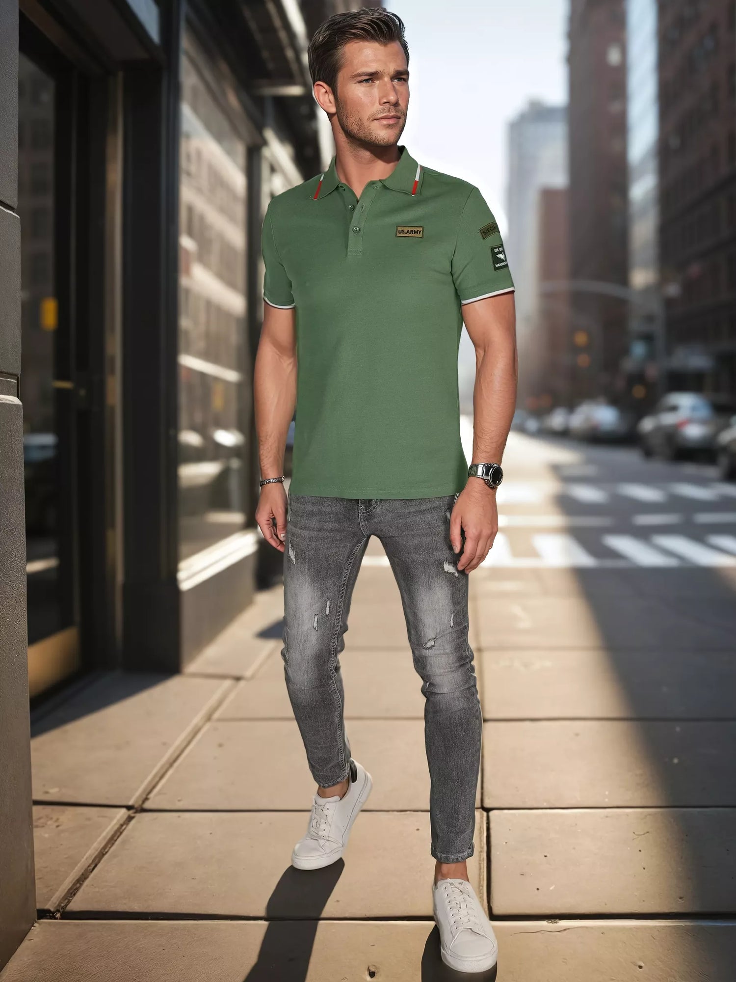 Men's polo shirt with patches, green US Army