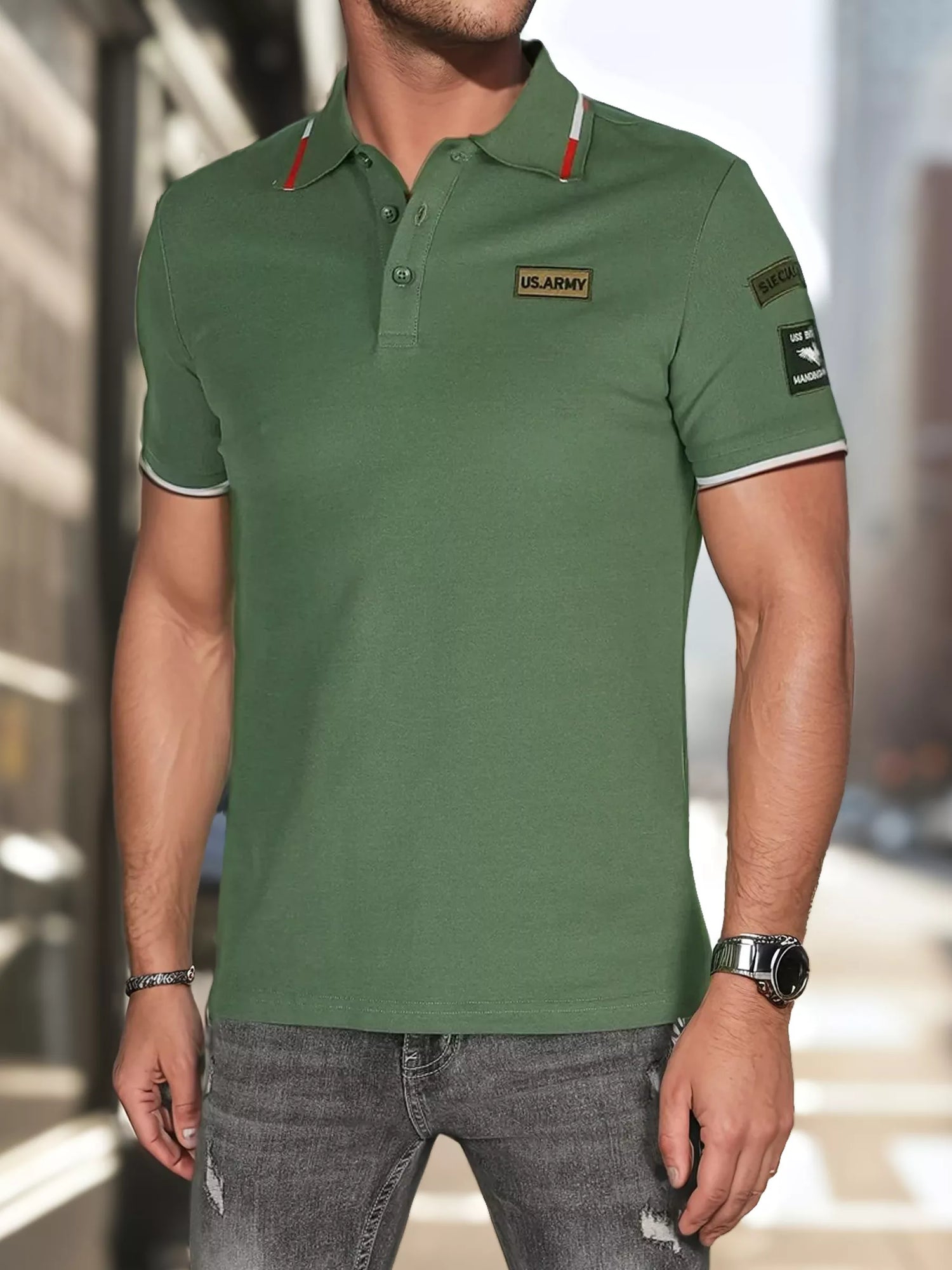Men's polo shirt with patches, green US Army