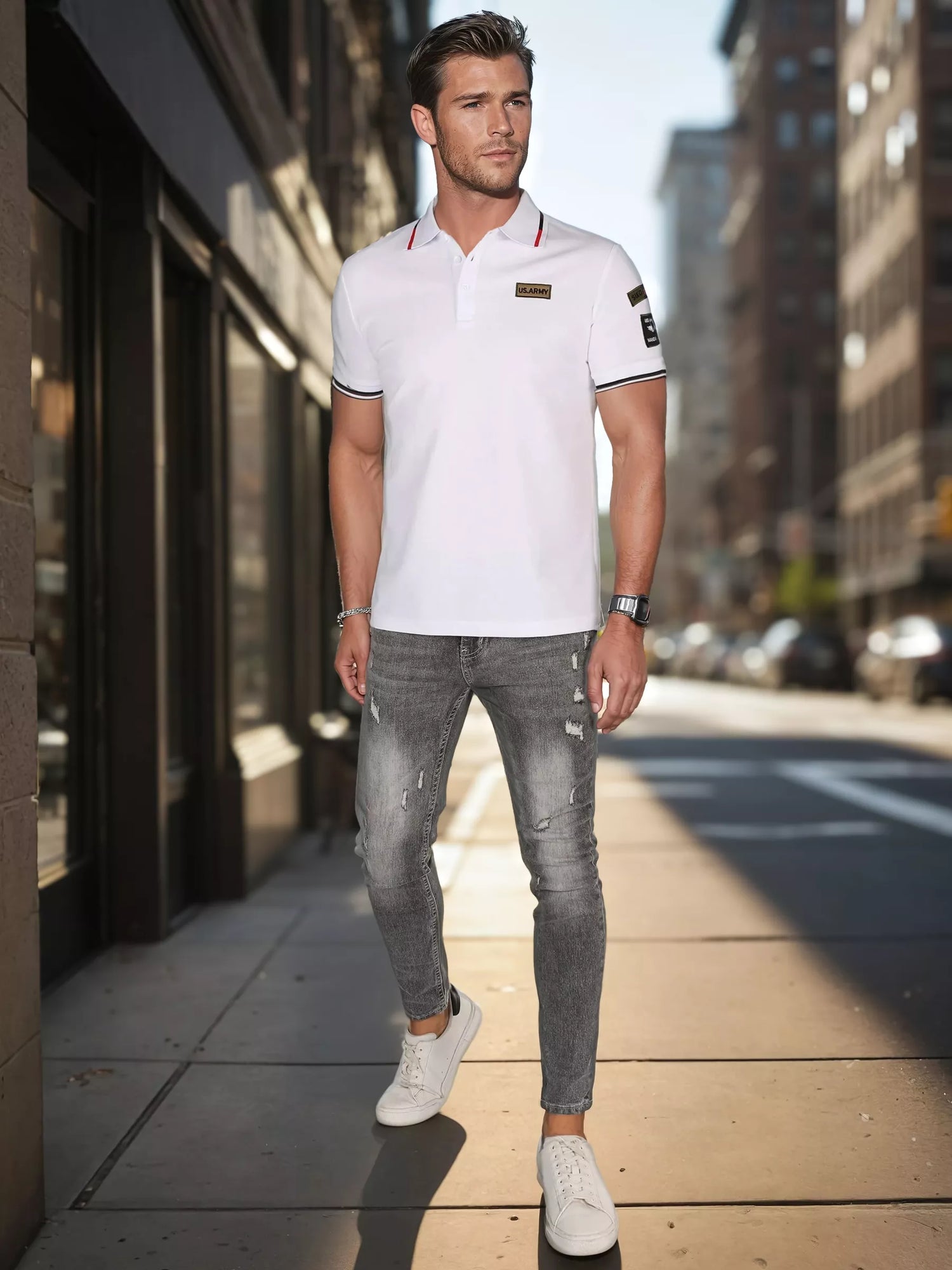 Men's polo shirt with patches white US Army