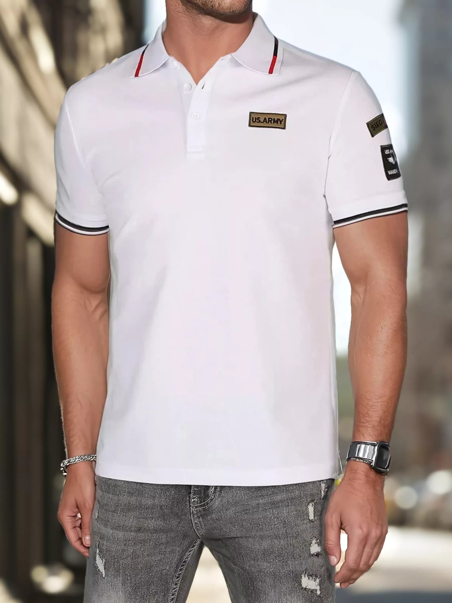 Men's polo shirt with patches white US Army