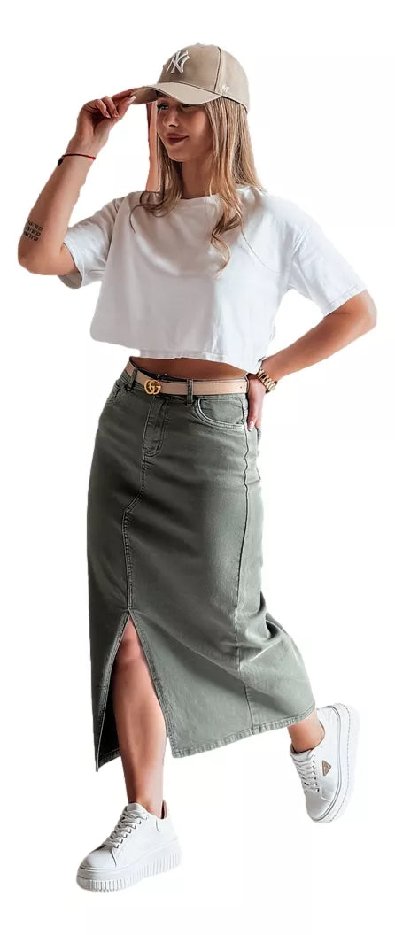 Denim green skirt with slit Midiway