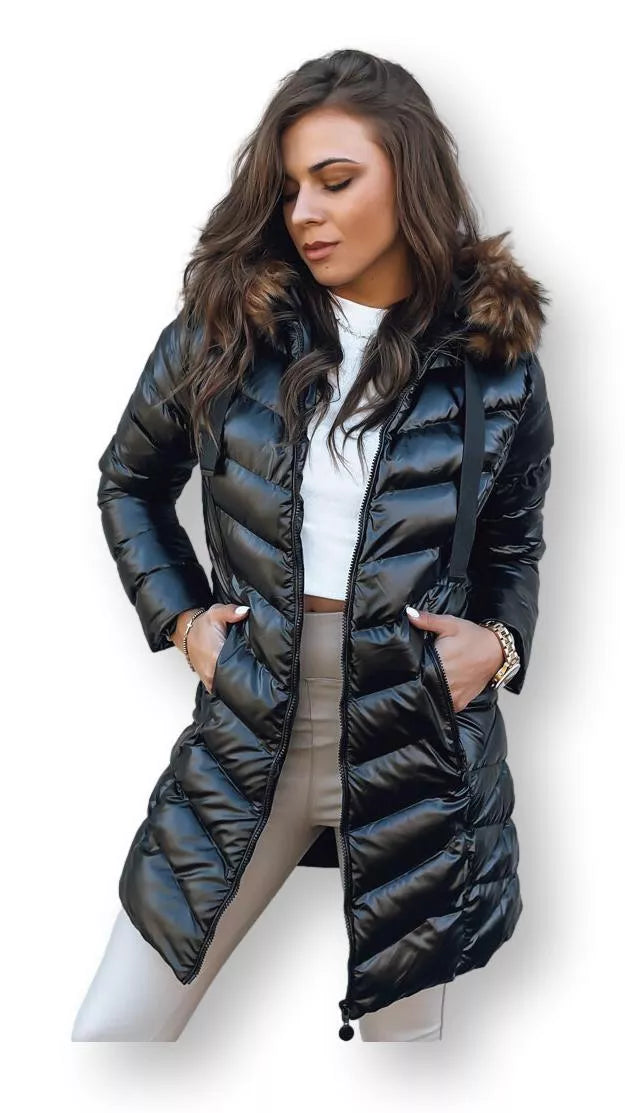 Women's quilted black jacket with brown fur Crystal
