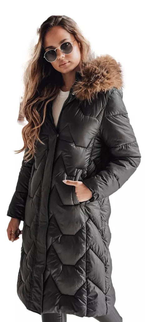 Women's long black jacket with brown fur Inter