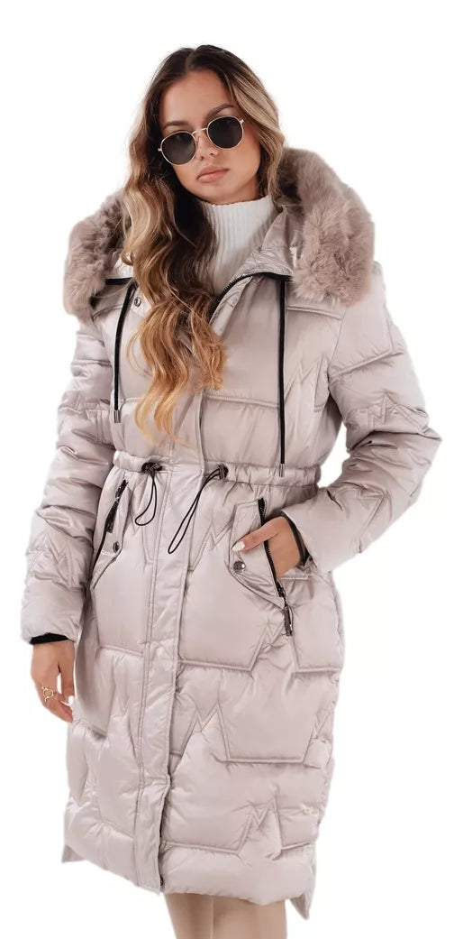 Women's long winter jacket with fur, beige Velis