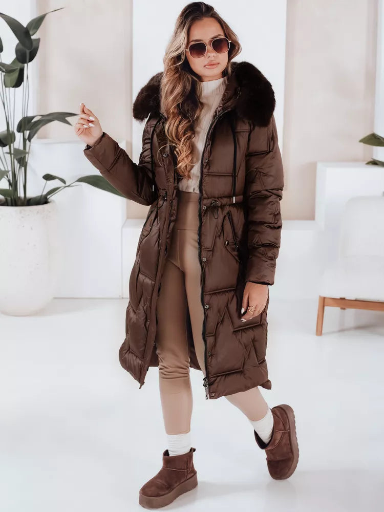 Women's long winter jacket with fur in dark brown Velis
