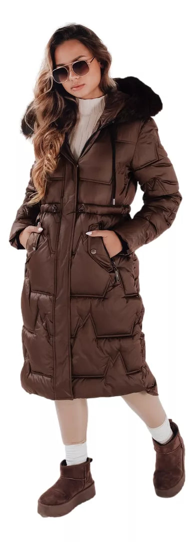 Women's long winter jacket with fur in dark brown Velis