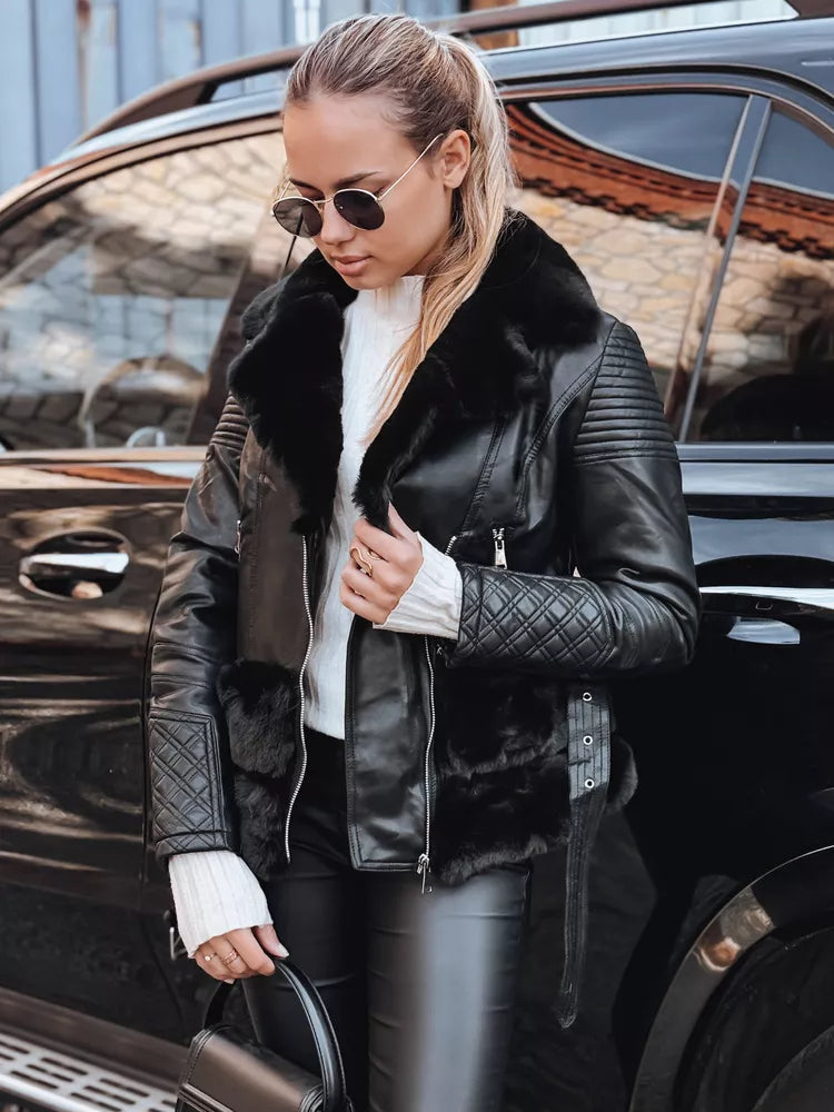 Women's black leather biker jacket with fur Lora