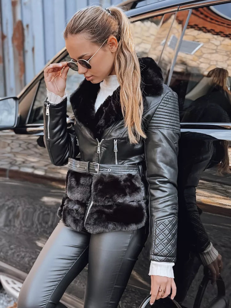 Women's black leather biker jacket with fur Lora