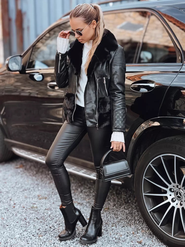Women's black leather biker jacket with fur Lora