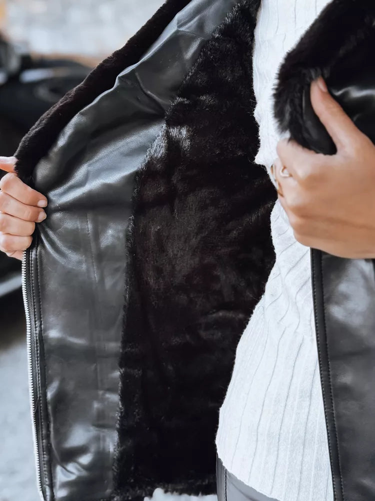 Women's black leather biker jacket with fur Lora