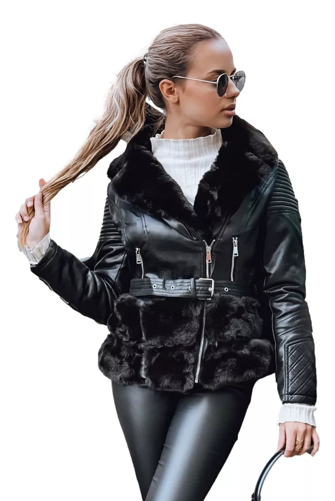 Women's black leather biker jacket with fur Lora