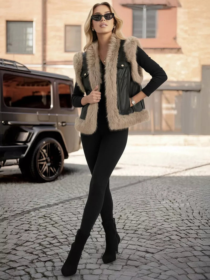 Women's black leather vest with fur
