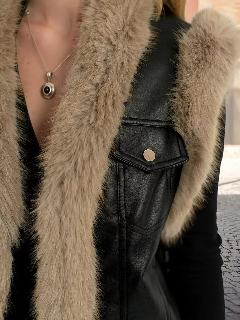 Women's black leather vest with fur