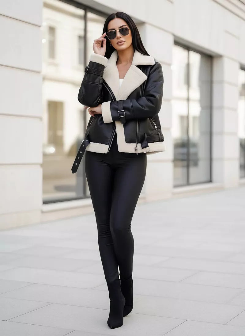 Women's black leather jacket with white fur Elen
