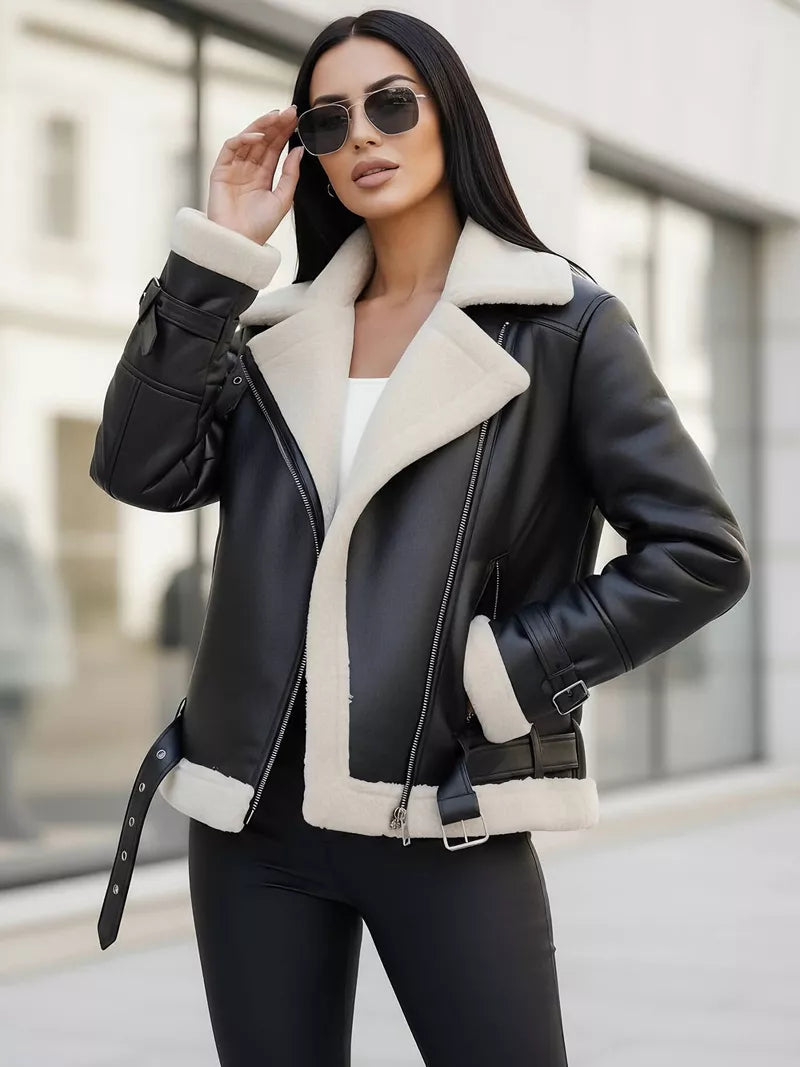 Women's black leather jacket with white fur Elen