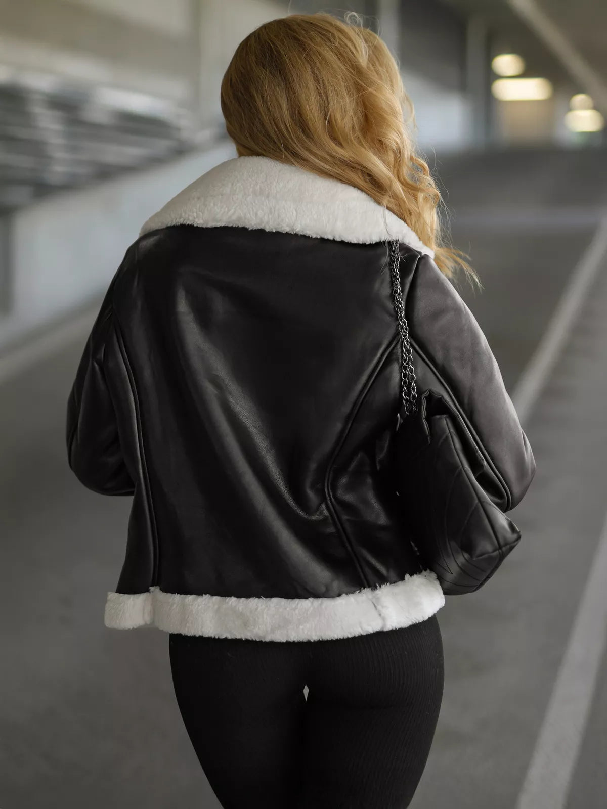 Women's black leather jacket with white fur Elen