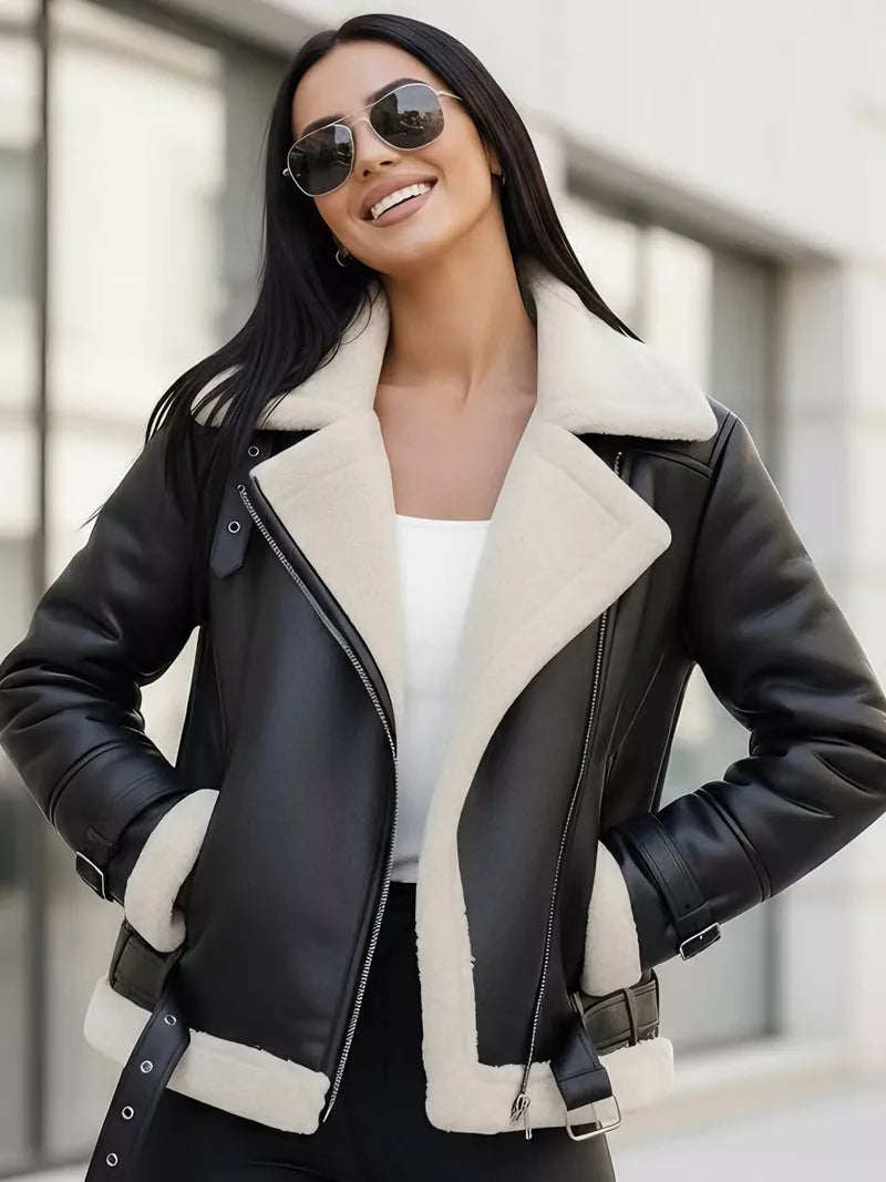 Women's black leather jacket with white fur Elen