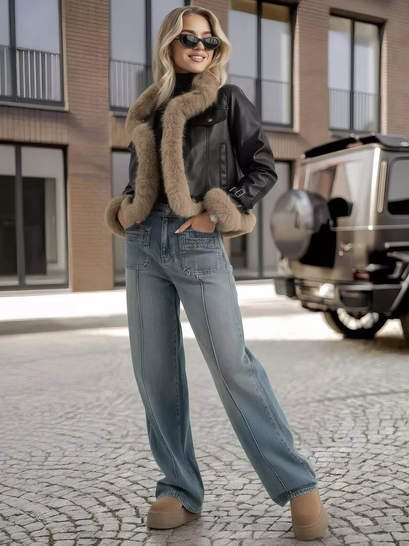 Women's black leather jacket with fur Bali