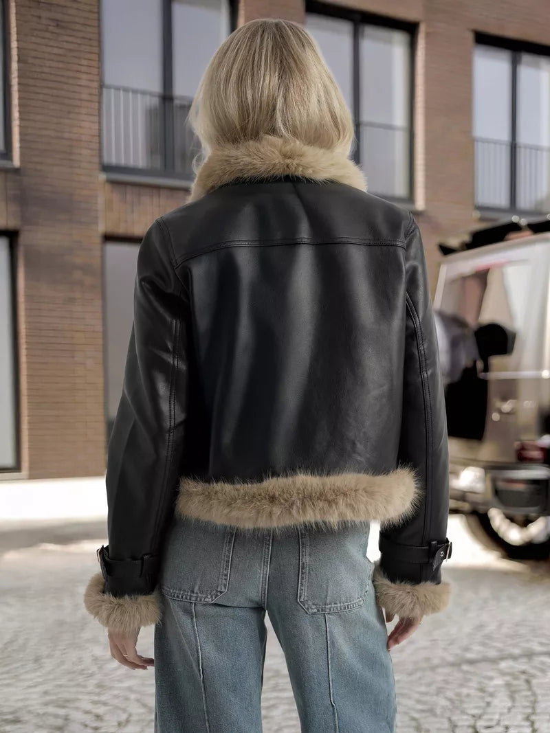 Women's black leather jacket with fur Bali