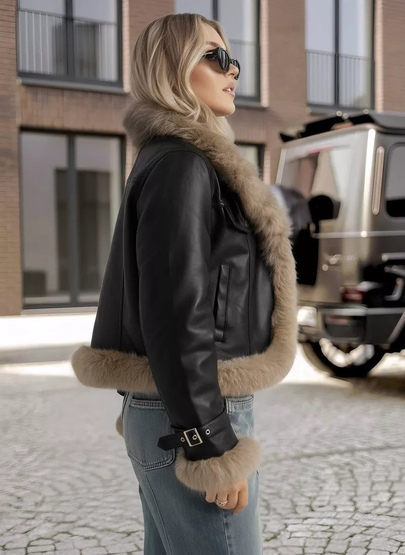 Women's black leather jacket with fur Bali