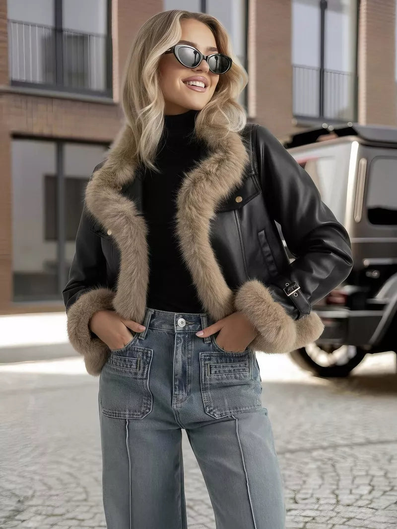 Women's black leather jacket with fur Bali