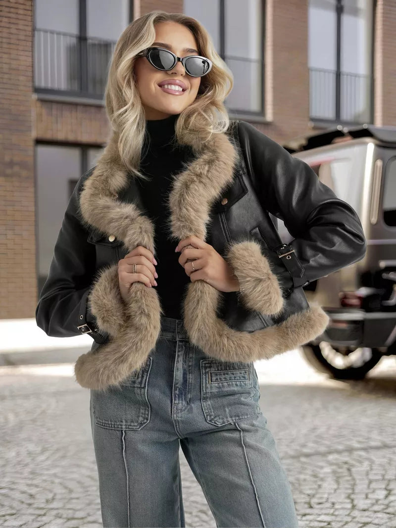 Women's black leather jacket with fur Bali