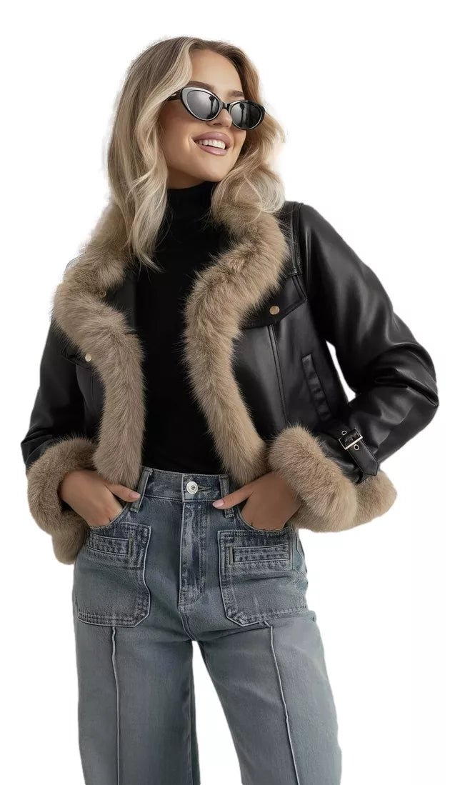 Women's black leather jacket with fur Bali