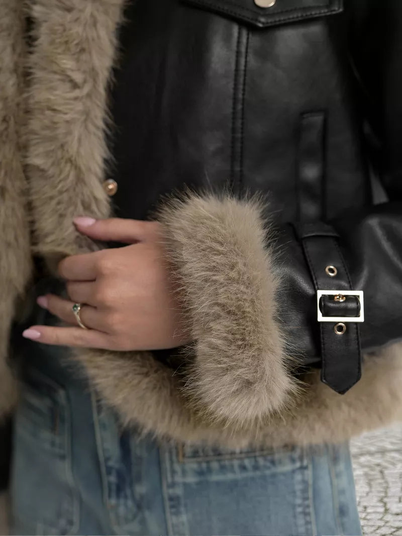 Women's black leather jacket with fur Bali