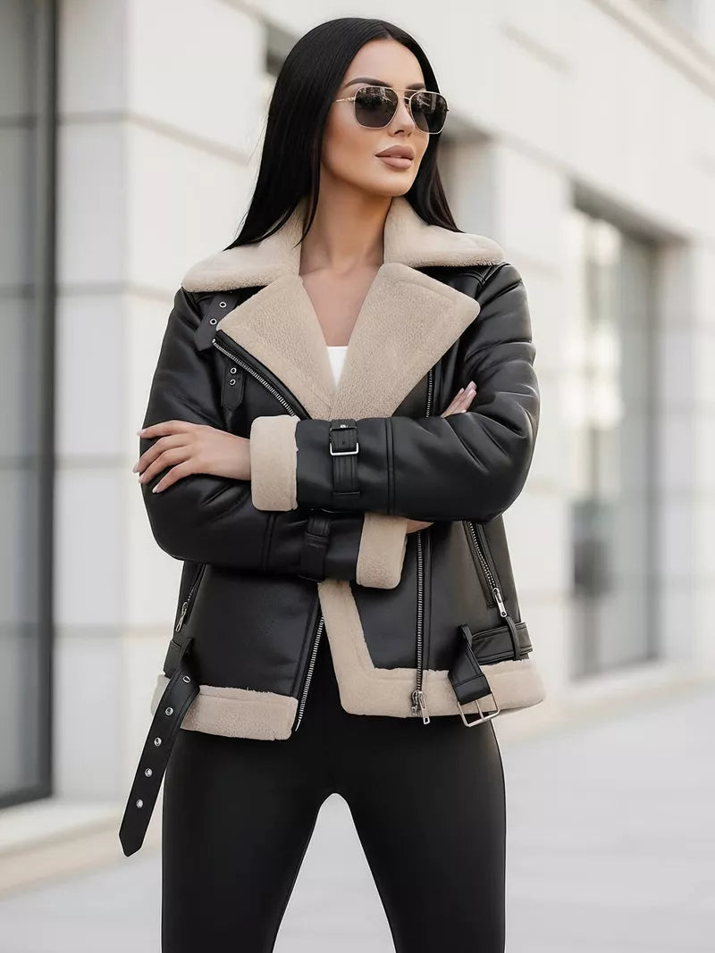Women's black leather jacket with fur Elen