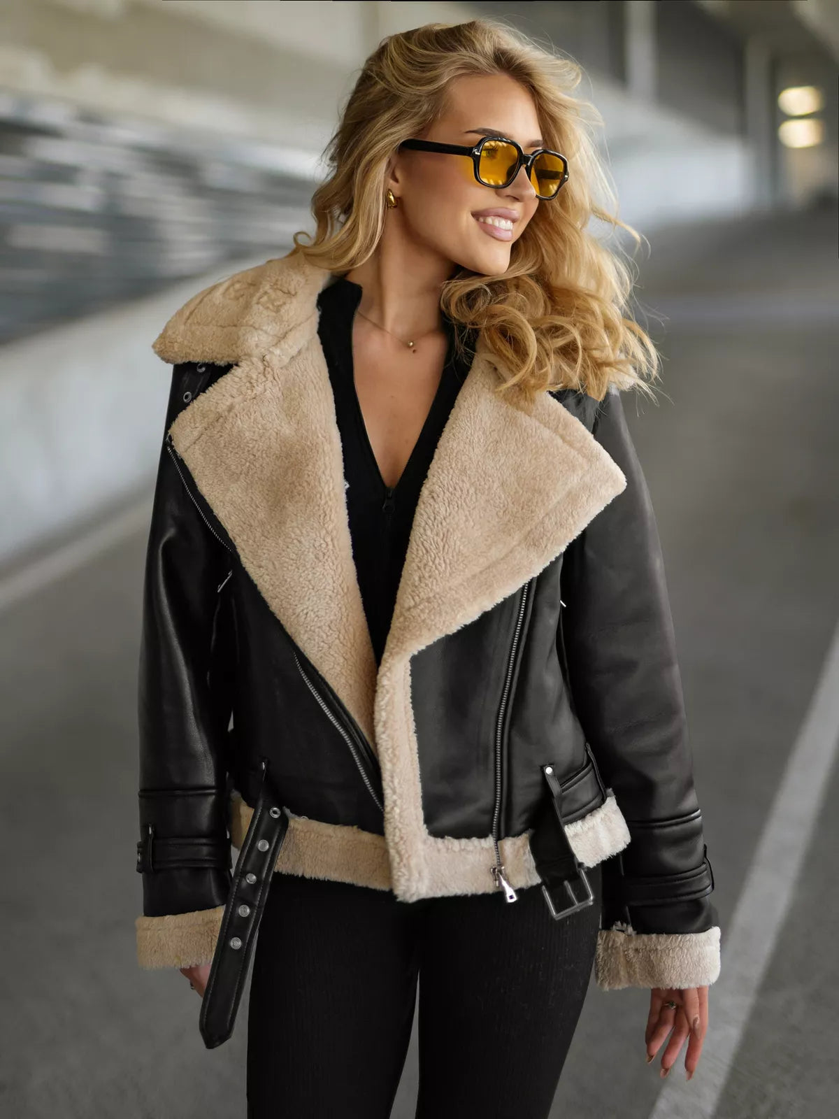 Women's black leather jacket with fur Elen