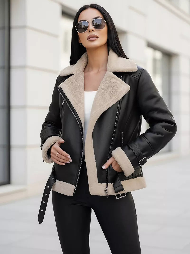 Women's black leather jacket with fur Elen