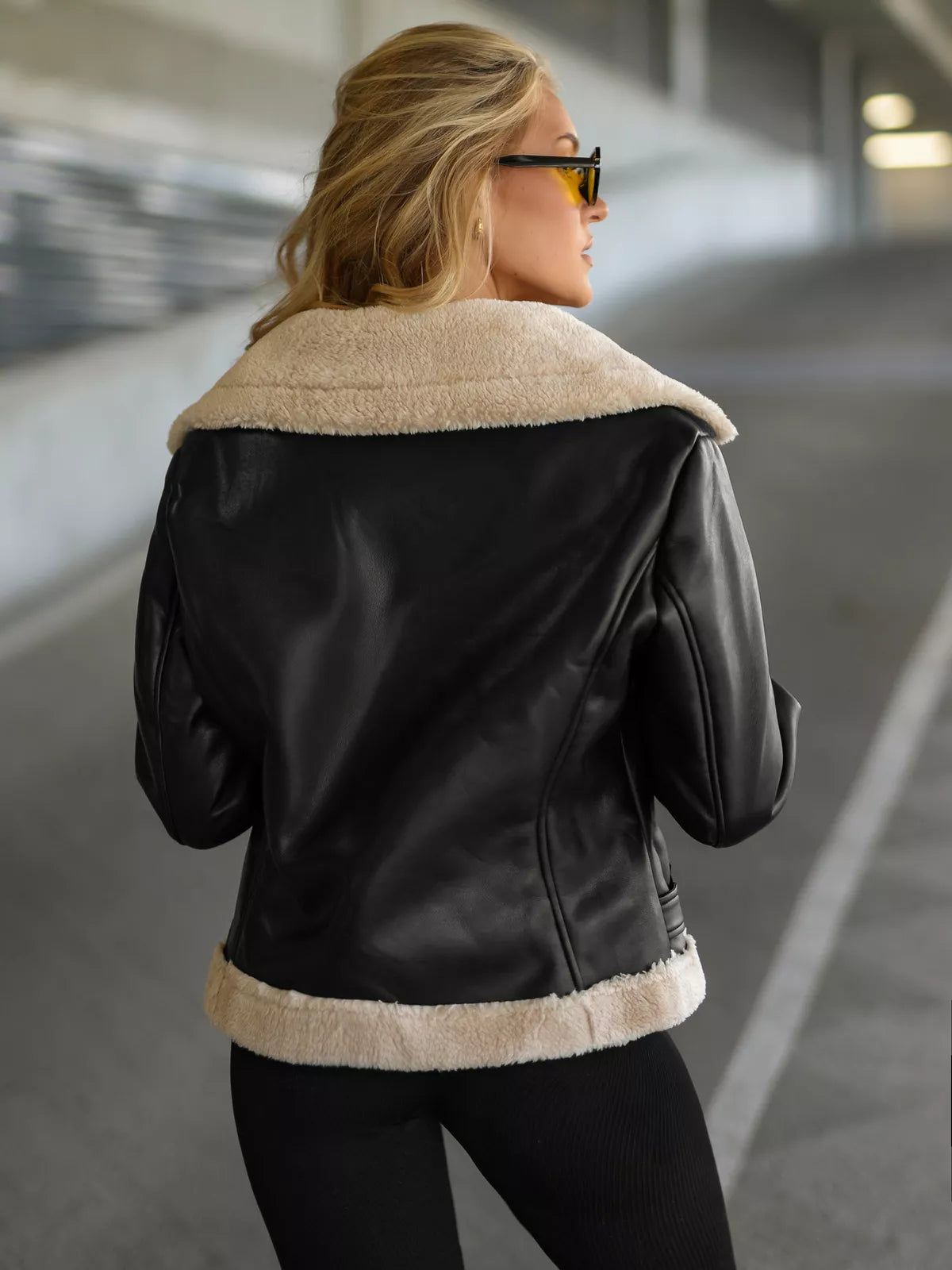 Women's black leather jacket with fur Elen