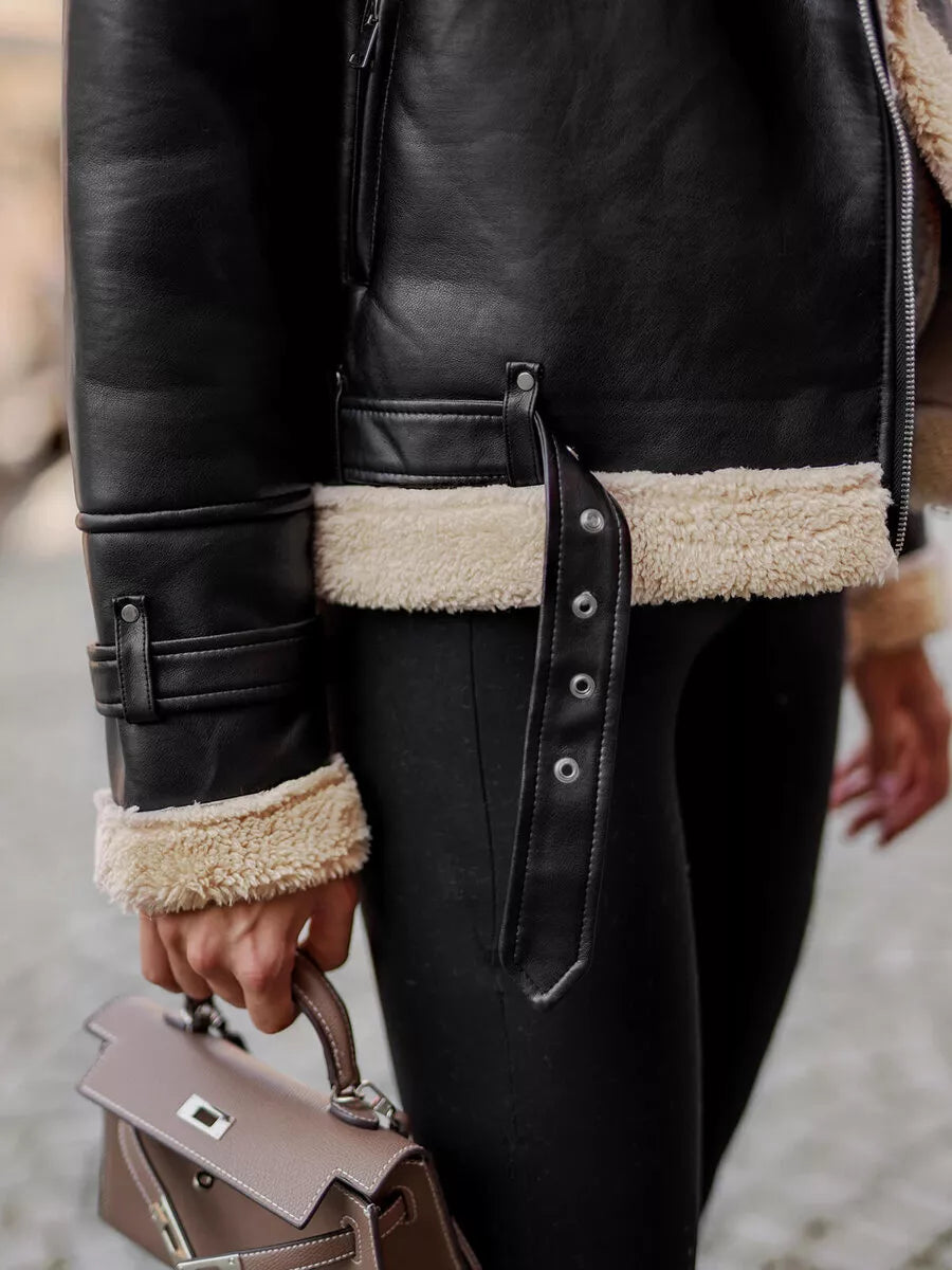 Women's black leather jacket with fur Elen