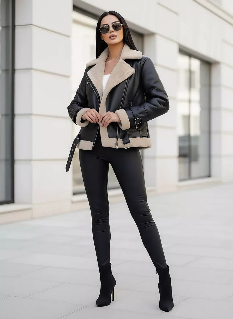 Women's black leather jacket with fur Elen