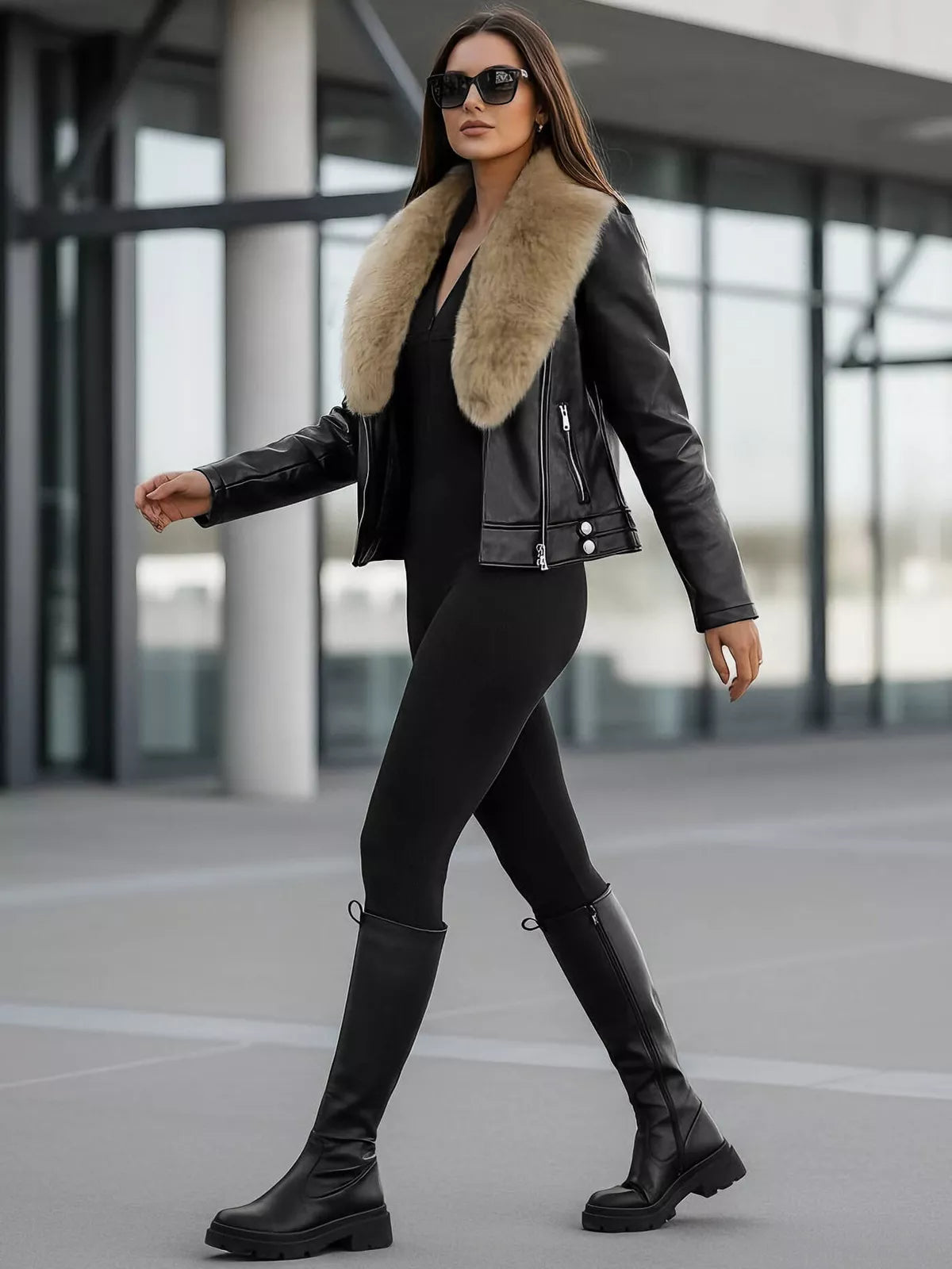 Women's black leather jacket with brown fur Laser