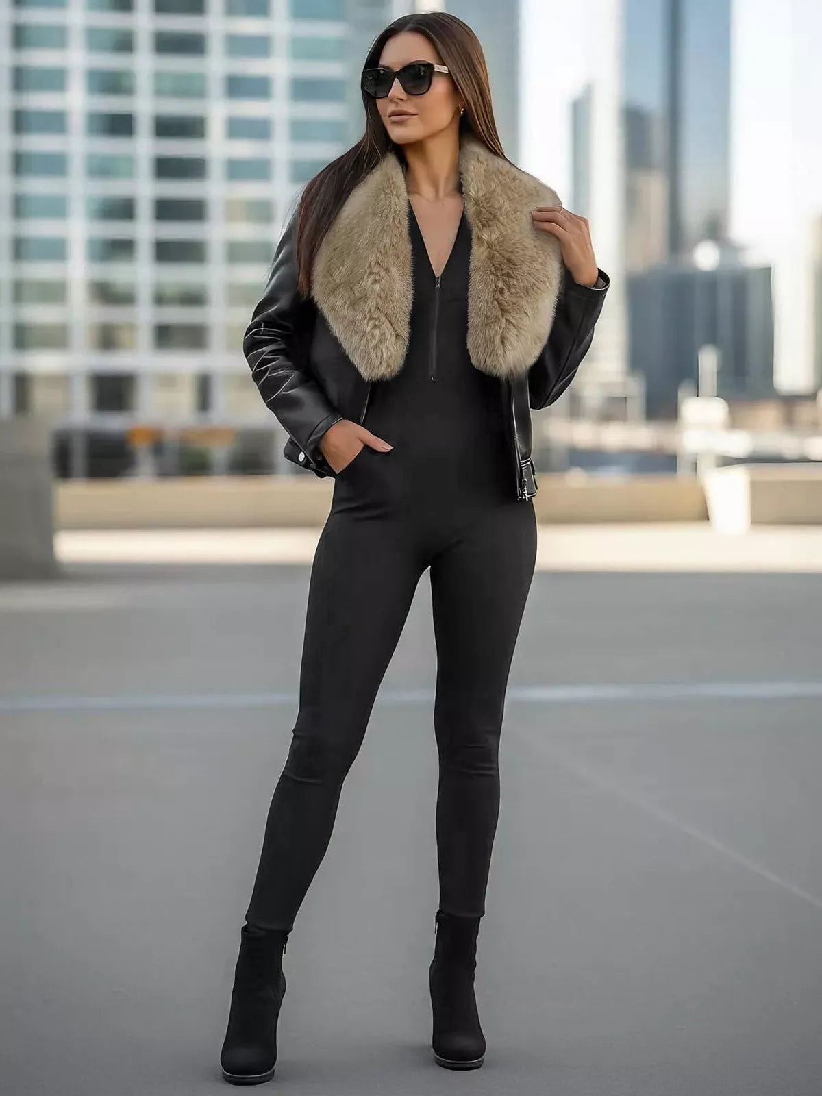 Women's black leather jacket with brown fur Laser