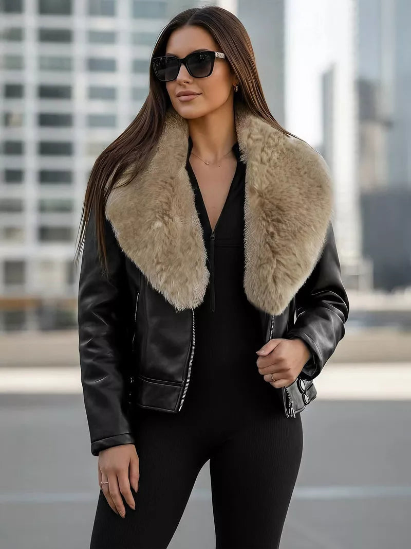 Women's black leather jacket with brown fur Laser