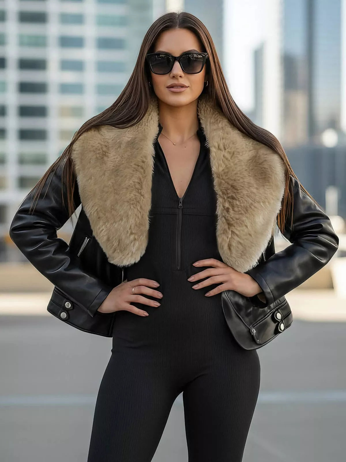 Women's black leather jacket with brown fur Laser
