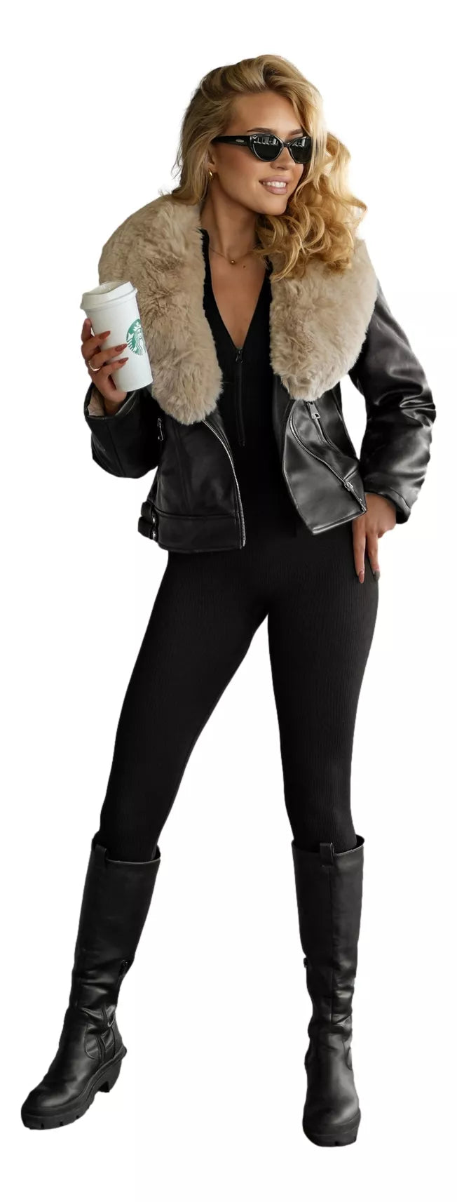 Women's black leather jacket with brown fur Laser