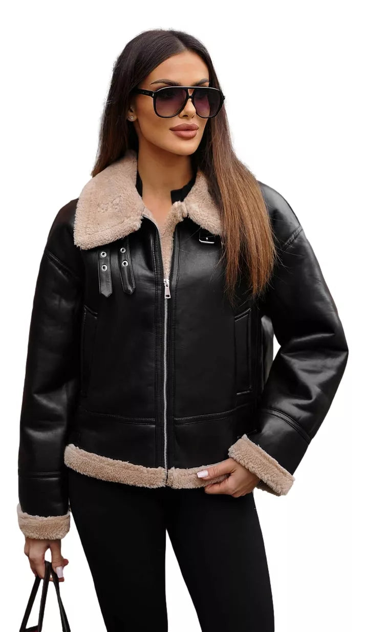Women's black leather jacket with brown fur Maria