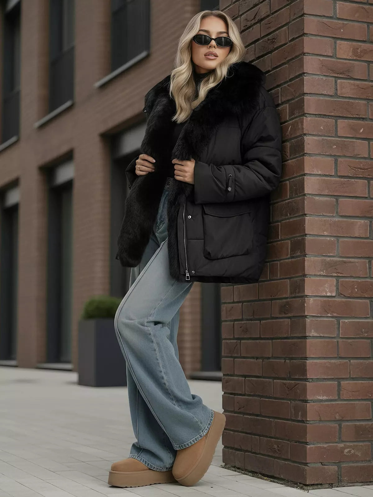 Women's black jacket with fur Sora