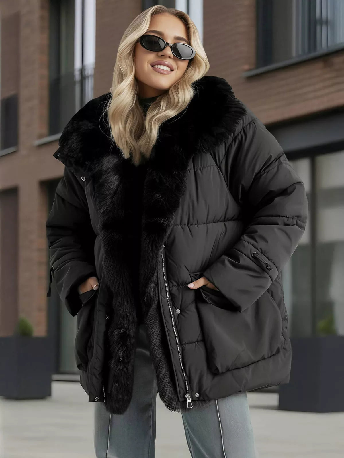 Women's black jacket with fur Sora