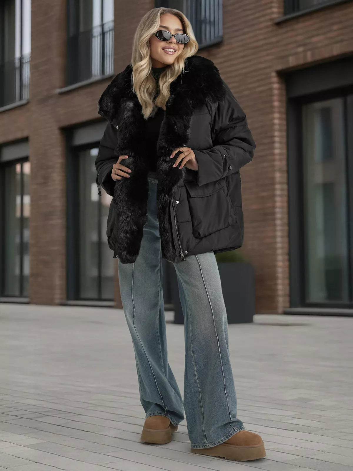 Women's black jacket with fur Sora