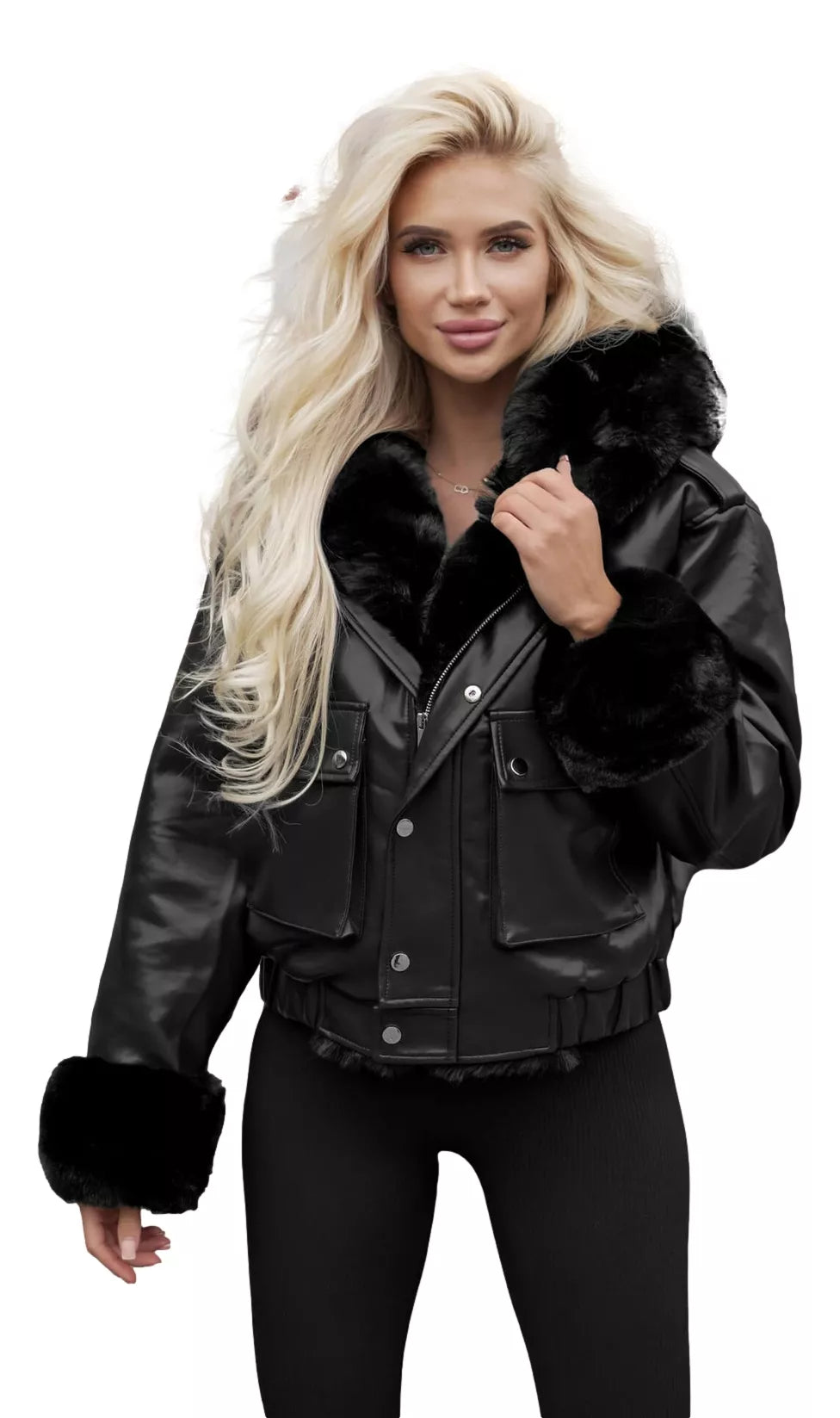 Women's black leather jacket with fur Dersi
