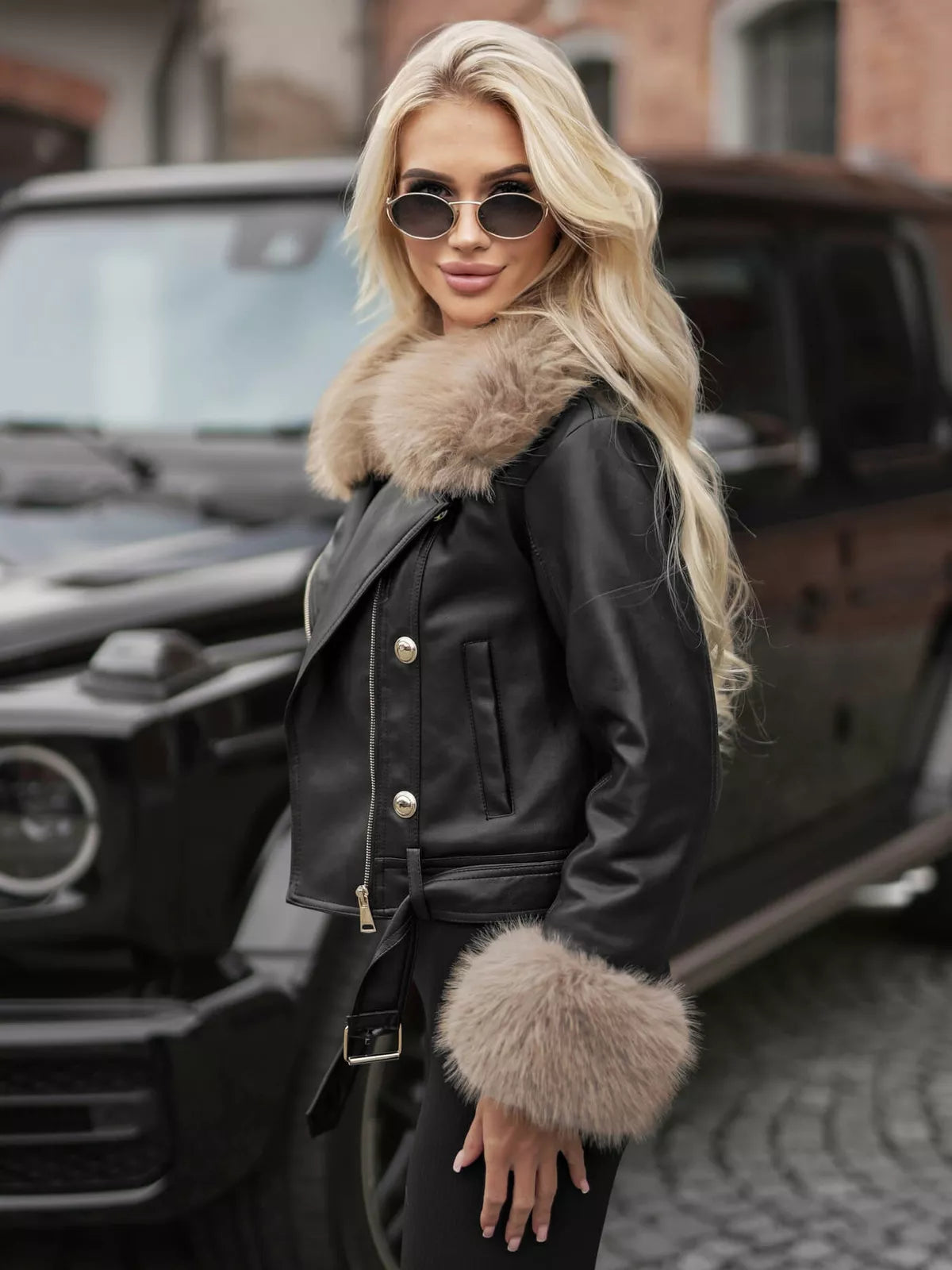 Women's black leather jacket with brown fur Elis