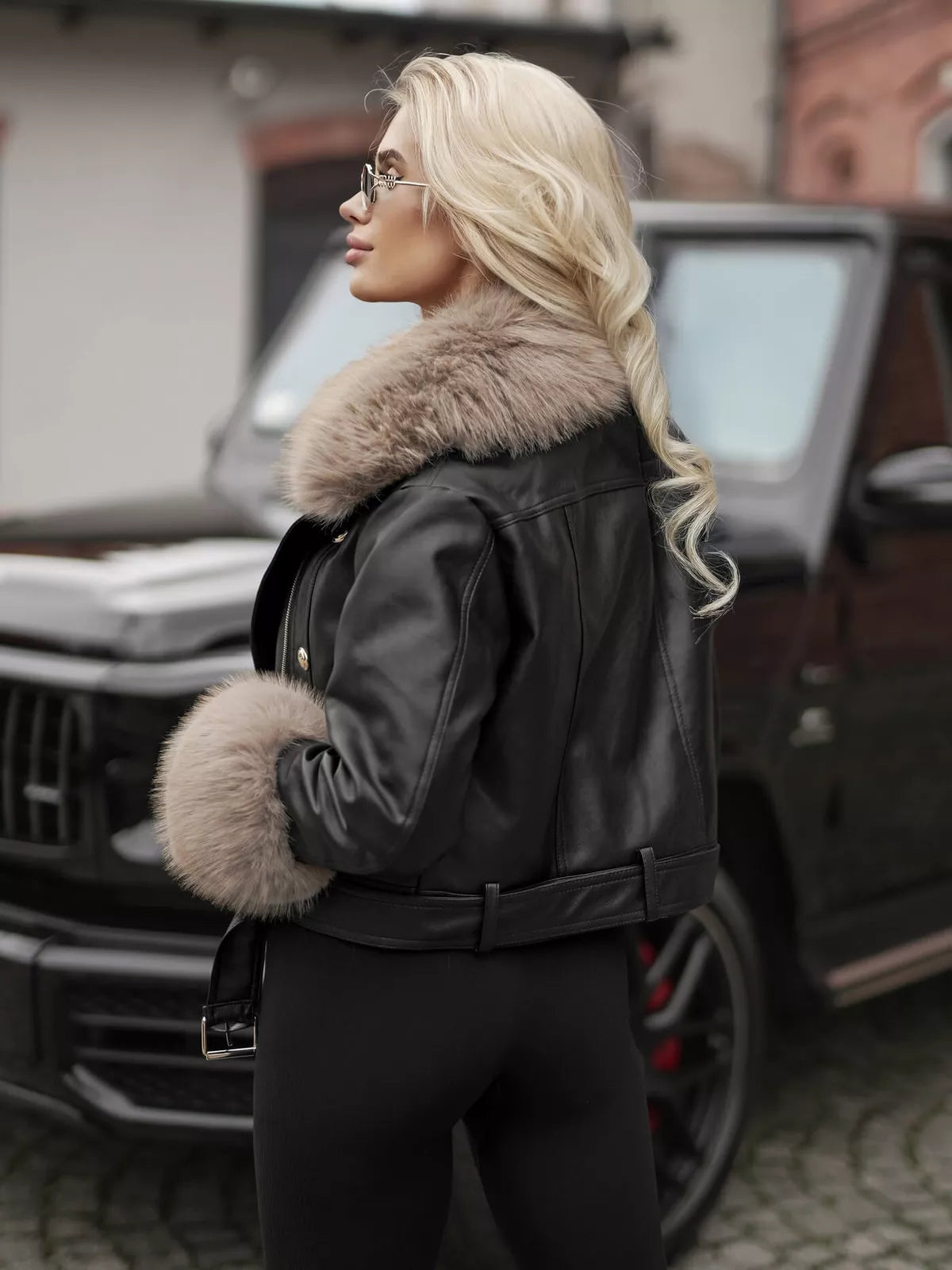 Women's black leather jacket with brown fur Elis